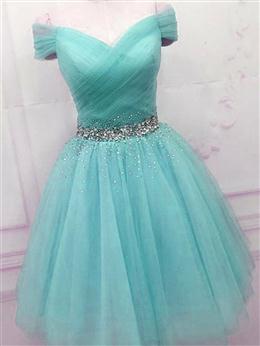 Picture of Off Shoulder Blue Tulle Prom Dress, Cute Blue Homecoming Dress